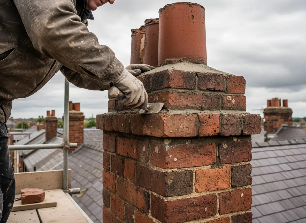 Close-up of chimney repointing in progress on scaffold in Sheffield