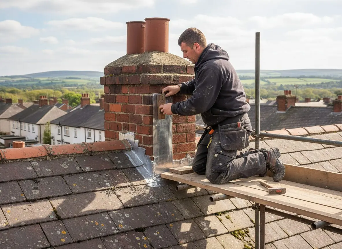 Re-leading chimney flashing on scaffold in Sheffield