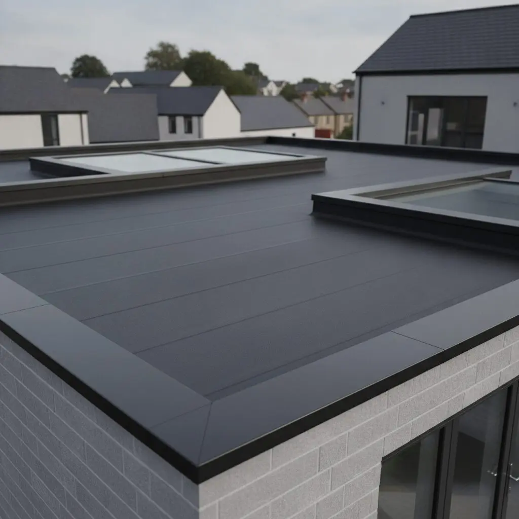 Newly installed EPDM rubber flat roof on a Sheffield house extension in good condition