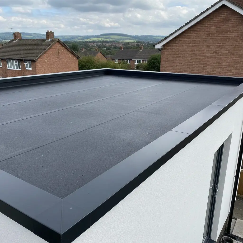 Newly installed EPDM rubber flat roof on a Sheffield house extension in good condition