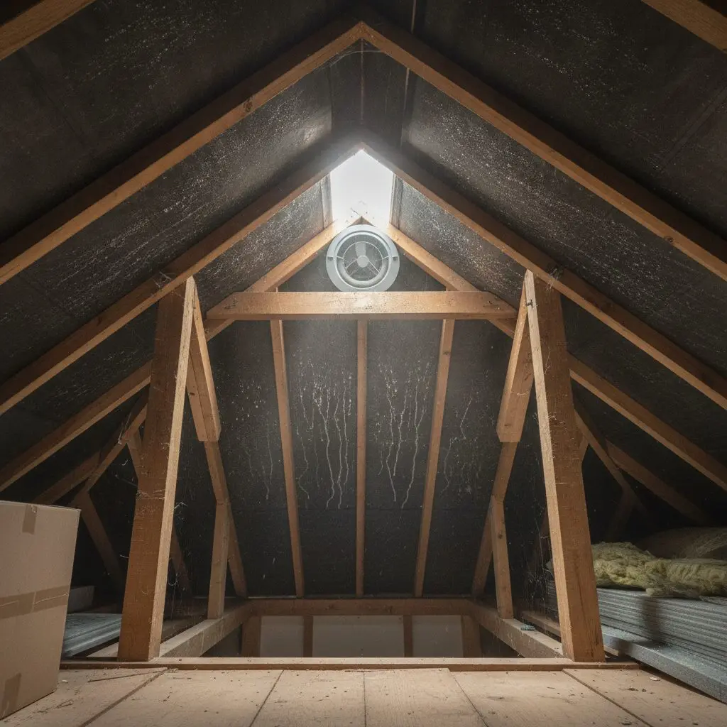 Loft roof timbers showing condensation and a roof ventilation tile