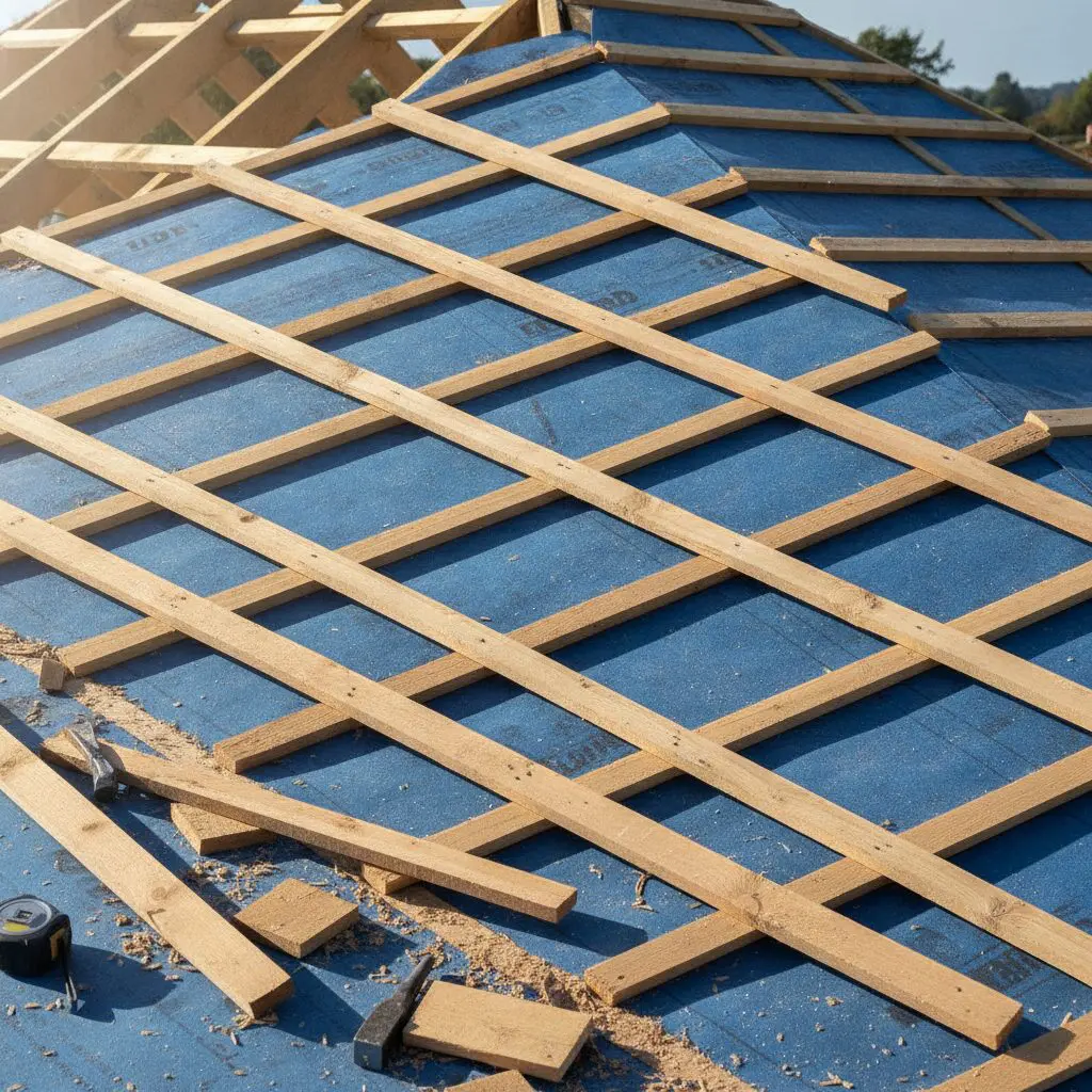 New roof tile battens installed during a re-roofing project in Sheffield