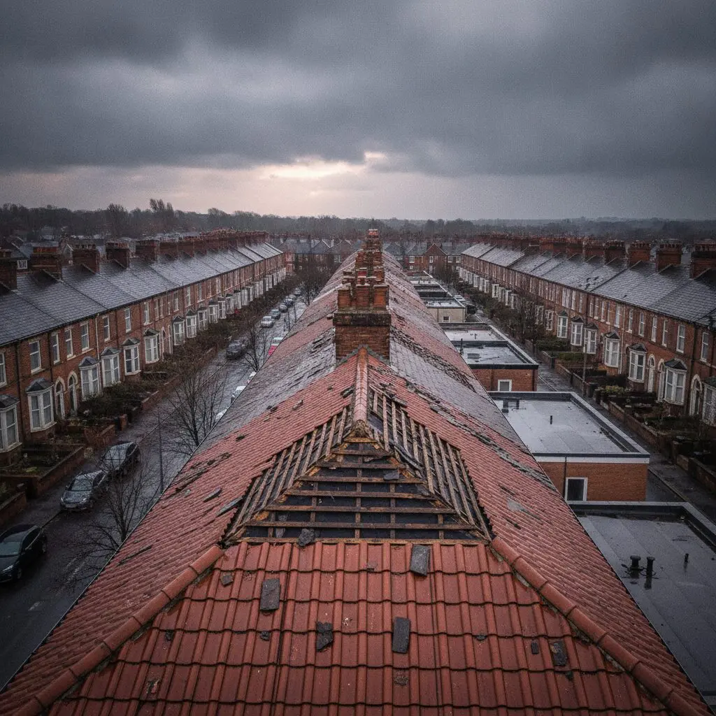 Storm-damaged roof on a Sheffield terrace house with missing and cracked tiles after high winds
