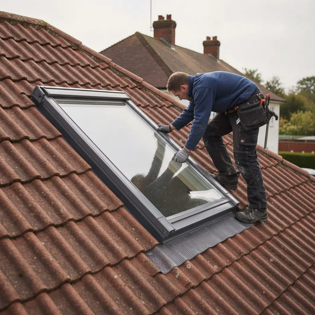 Velux roof window on a Sheffield home being inspected by a professional roofer