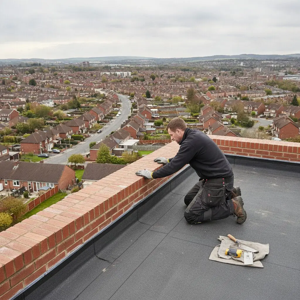 Roofer inspecting an EPDM rubber flat roof on a Sheffield house extension